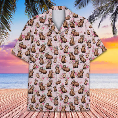 Second lifestyle view of a person wearing the capybara floral hawaiian shirt