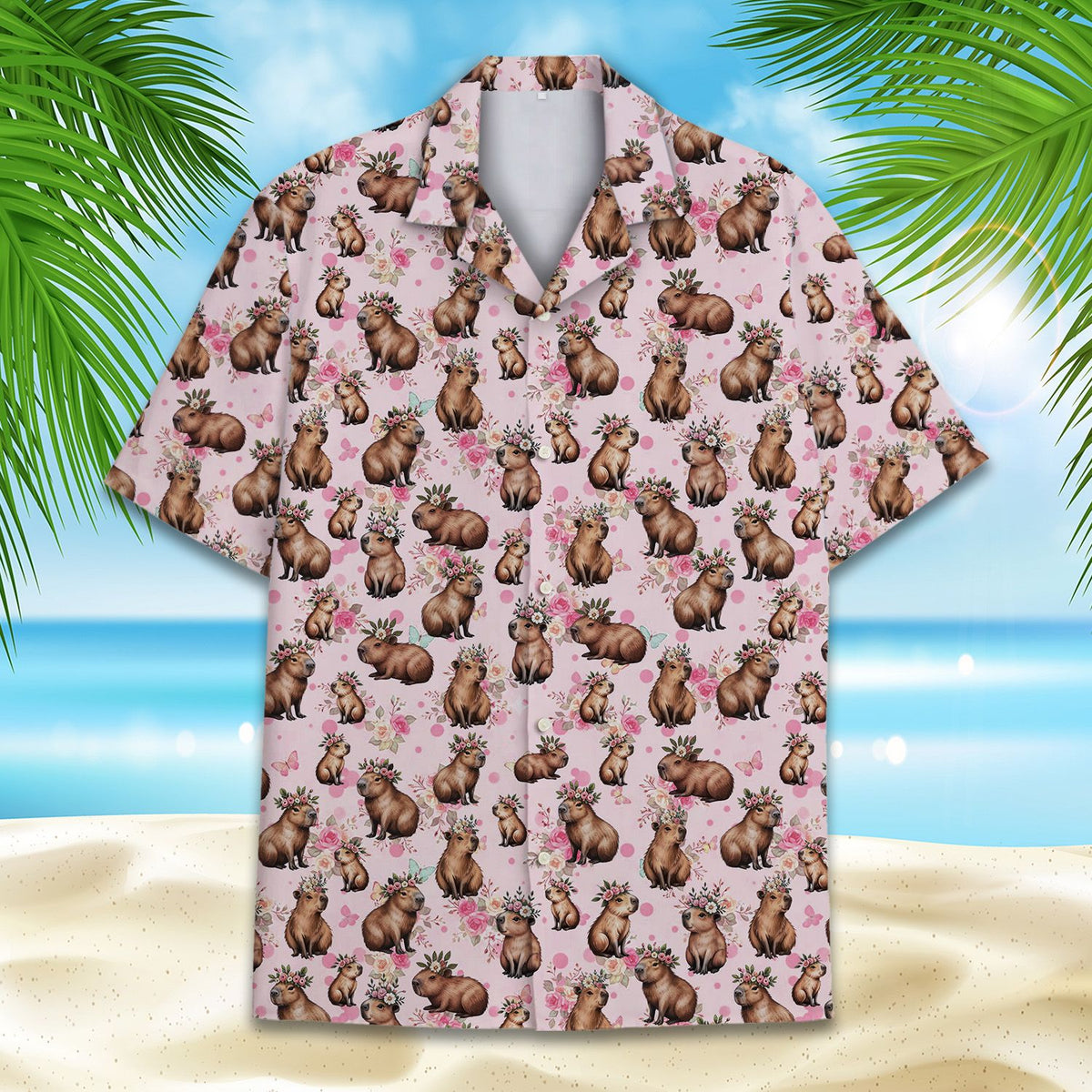 Third lifestyle view of a person wearing the capybara floral hawaiian shirt