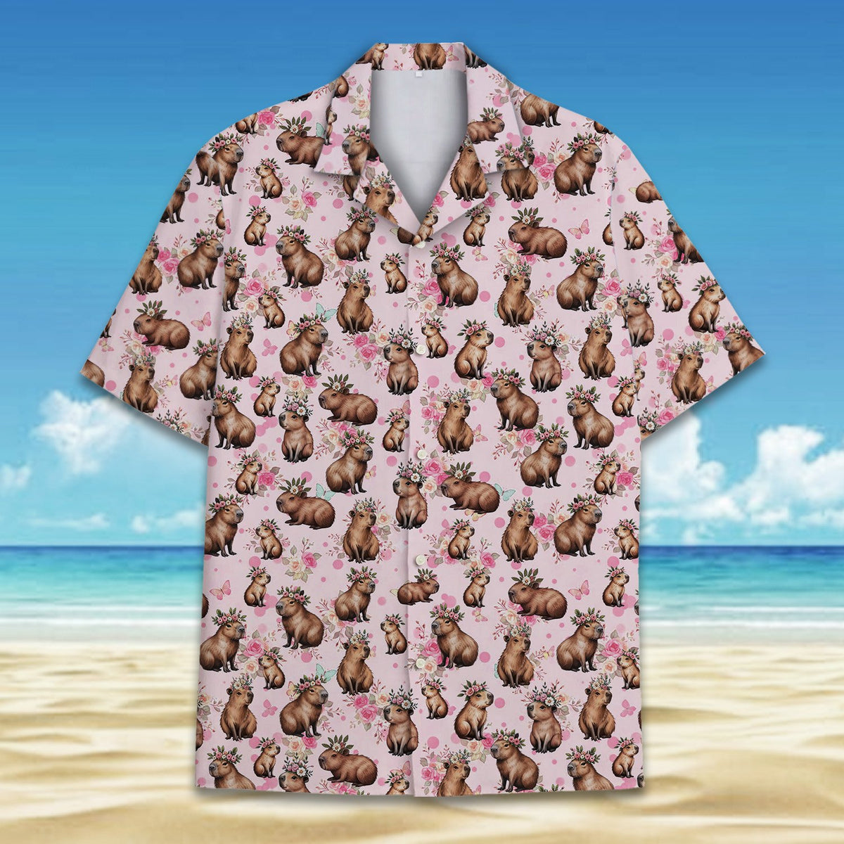 Fourth lifestyle view of a person wearing the capybara floral hawaiian shirt