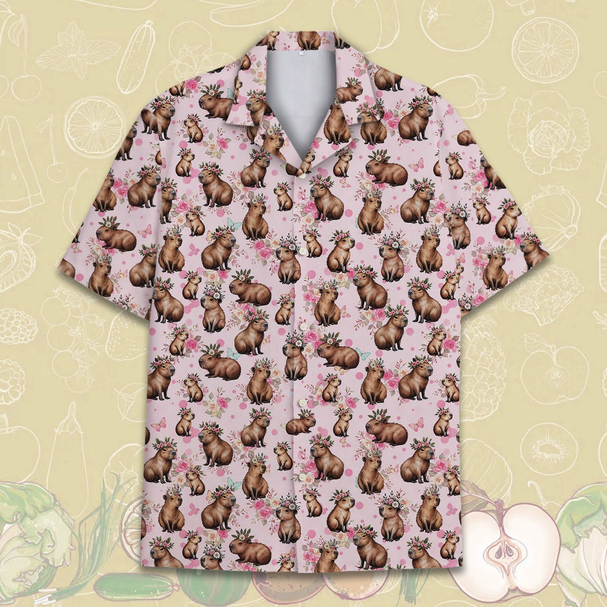 Fifth lifestyle view of a person wearing the capybara floral hawaiian shirt