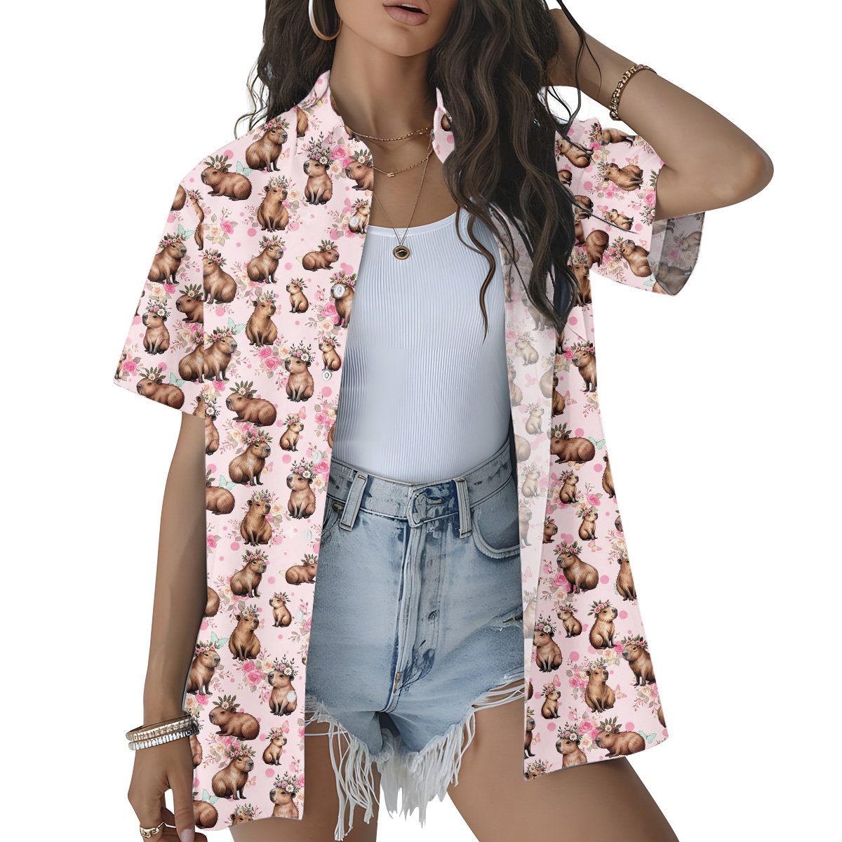 Sixth lifestyle view of a person wearing the capybara floral hawaiian shirt