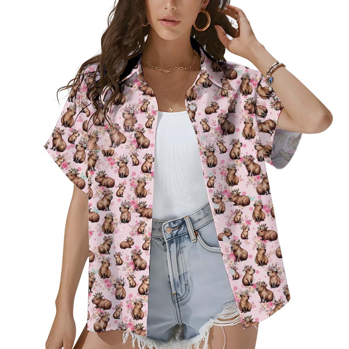 Seventh lifestyle view of a person wearing the capybara floral hawaiian shirt