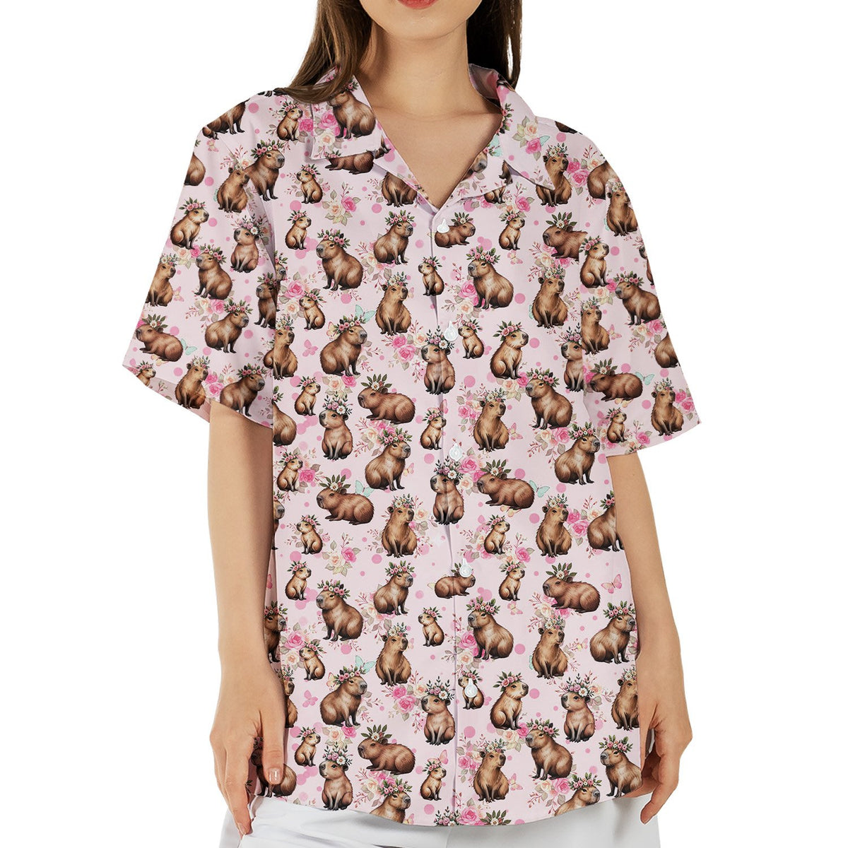 Lifestyle view of a person wearing the capybara floral hawaiian shirt