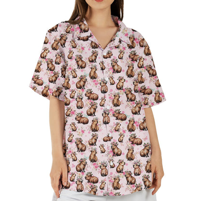 Lifestyle view of a person wearing the capybara floral hawaiian shirt