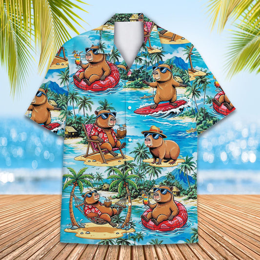Main view of the capybara, tropical hawaiian shirt in light blue