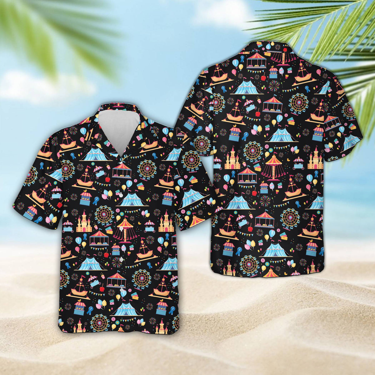Black hawaiian shirt with amusement park design, front view