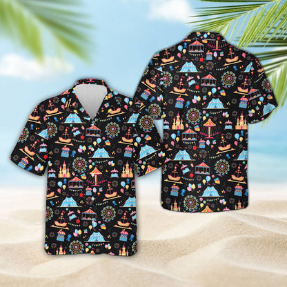 Black hawaiian shirt with amusement park design, front view