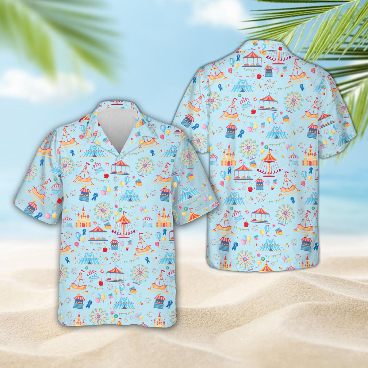 Light blue family hawaiian shirt featuring amusement rides, front view