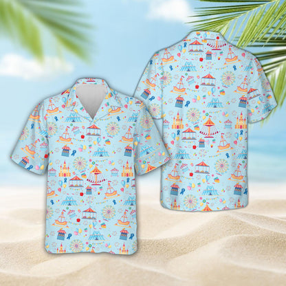 Light blue family hawaiian shirt featuring amusement rides, front view