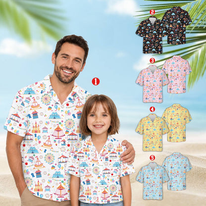 Family wearing matching carnival hawaiian shirts, lifestyle view