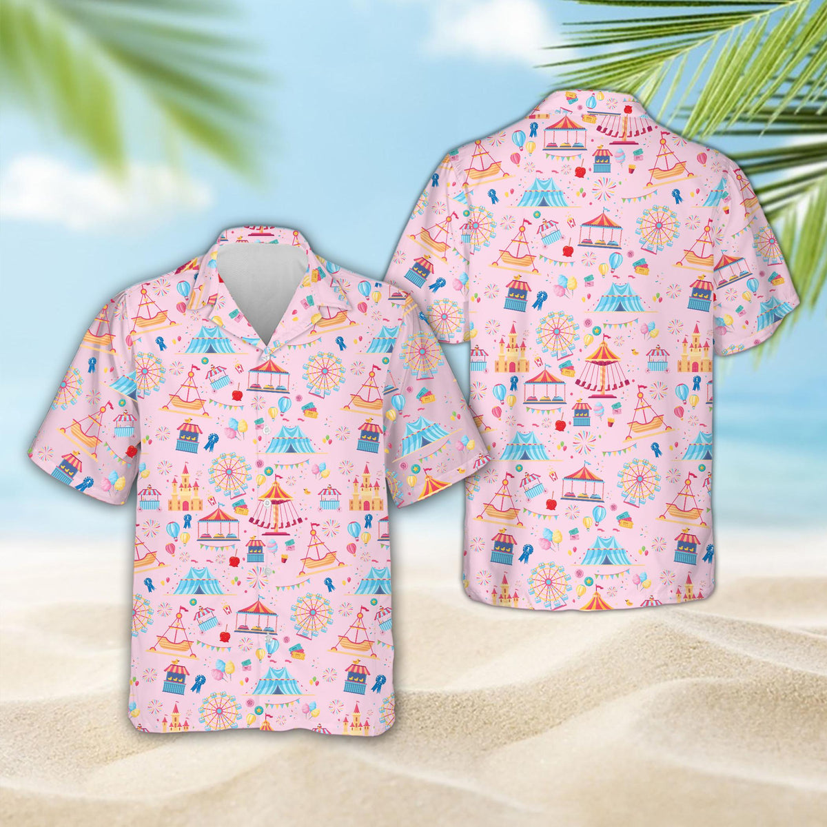 Pink matching family hawaiian shirt with carnival print, front view