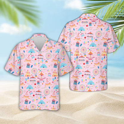 Pink matching family hawaiian shirt with carnival print, front view