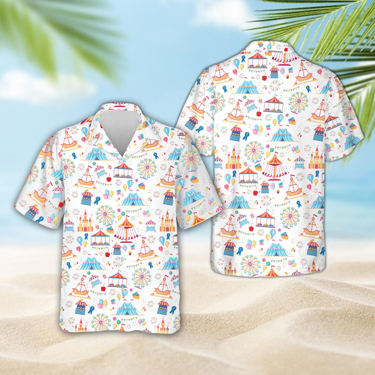 White carnival hawaiian shirt with amusement park pattern, main view