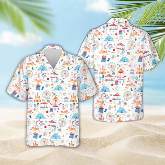White carnival hawaiian shirt with amusement park pattern, main view
