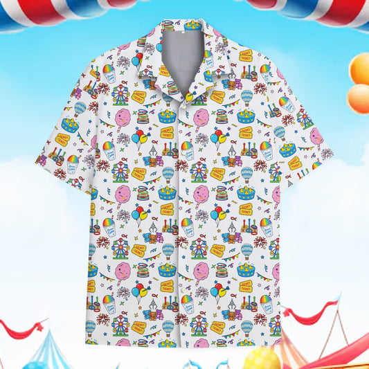 White carnival summer hawaiian shirt with Ferris wheels and balloons pattern, main view