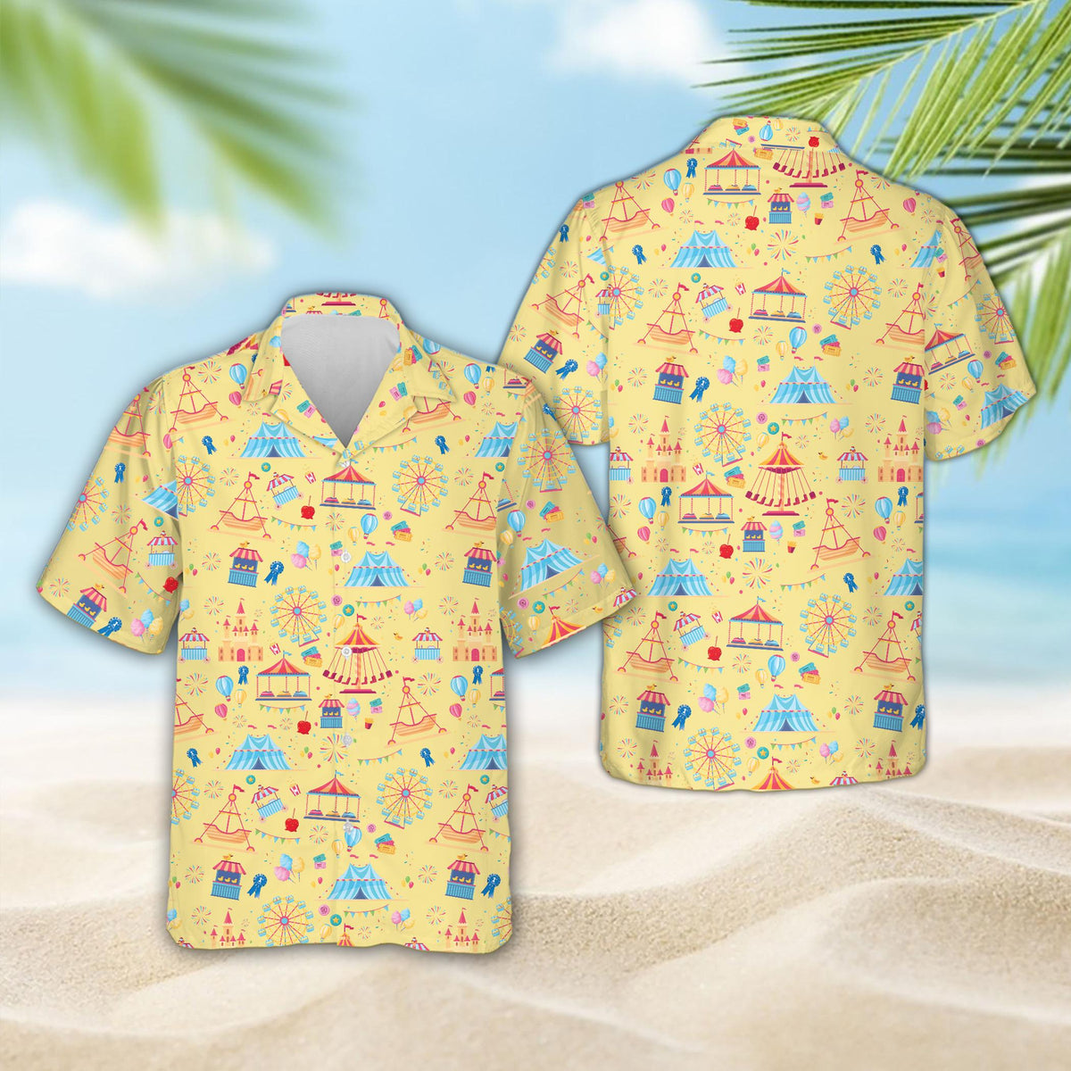 Yellow carnival pattern button-up shirt, front view