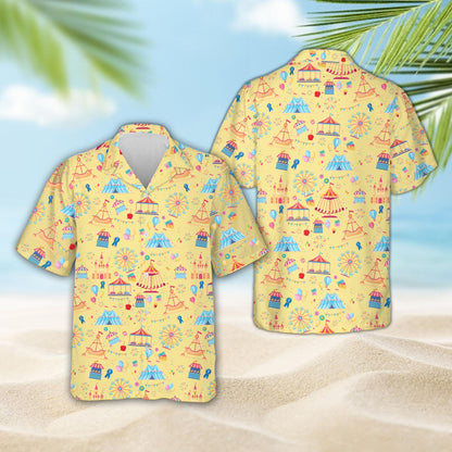 Yellow carnival pattern button-up shirt, front view