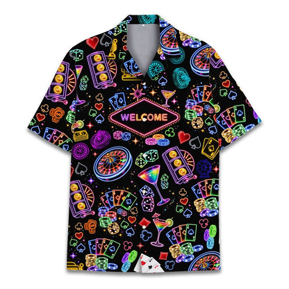 Front view of the neon casino hawaiian shirt on a black background