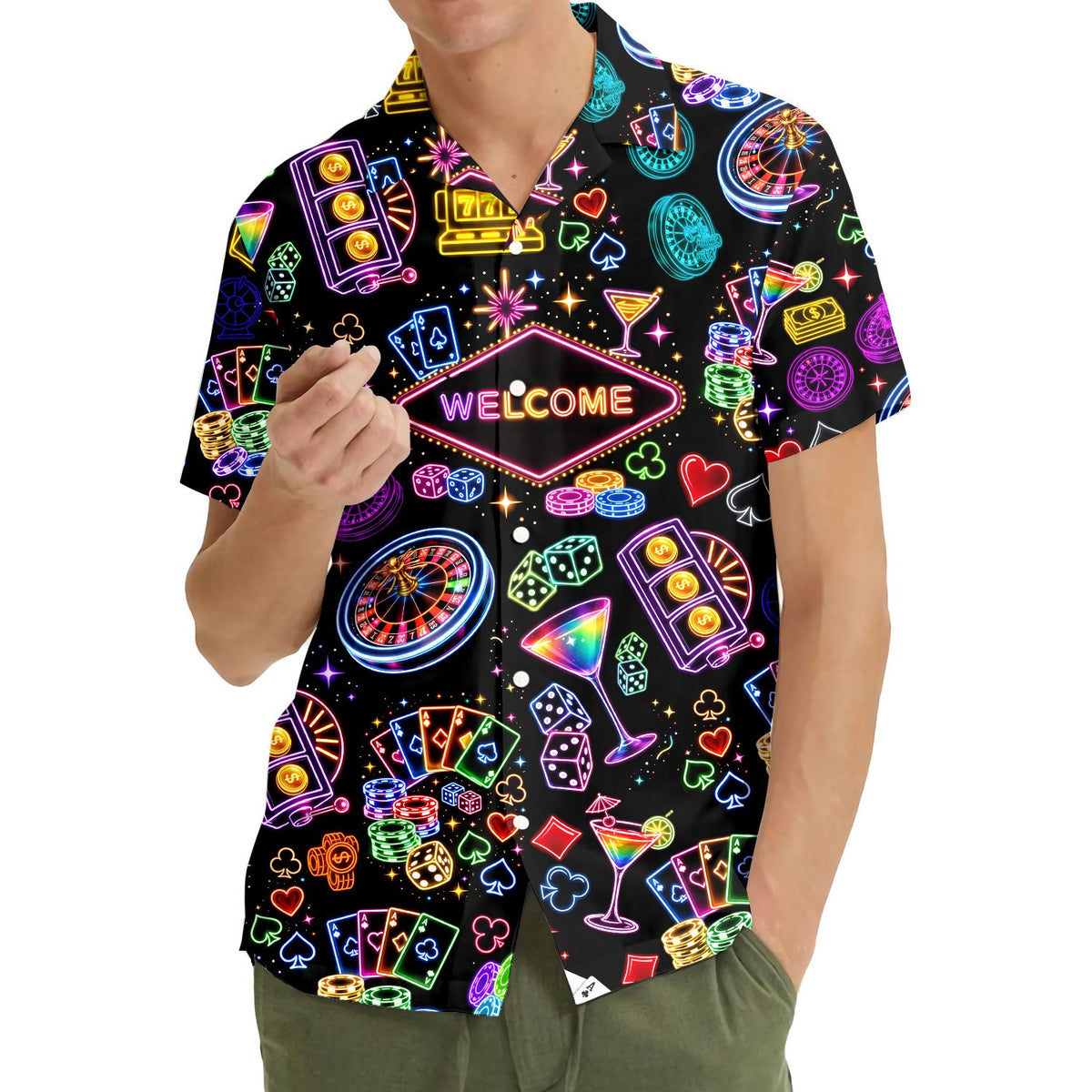 Another lifestyle view of someone wearing the casino hawaiian shirt at an event