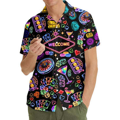 Another lifestyle view of someone wearing the casino hawaiian shirt at an event