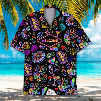Close-up lifestyle view showing the neon roulette and slot machine details on the shirt