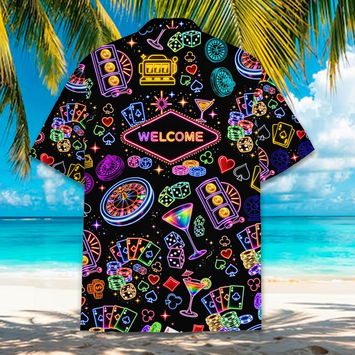 Lifestyle image of the casino theme hawaiian shirt worn outdoors