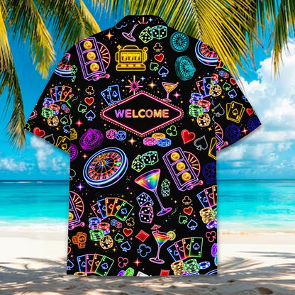 Lifestyle image of the casino theme hawaiian shirt worn outdoors