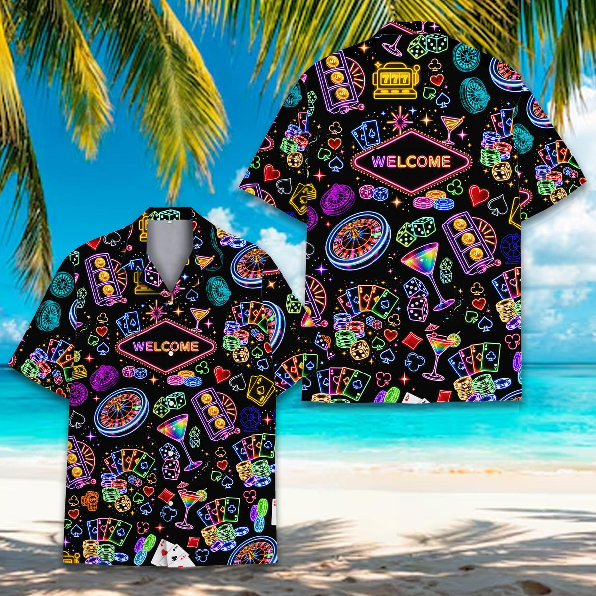 Group lifestyle view showing matching family hawaiian shirts in the neon casino design