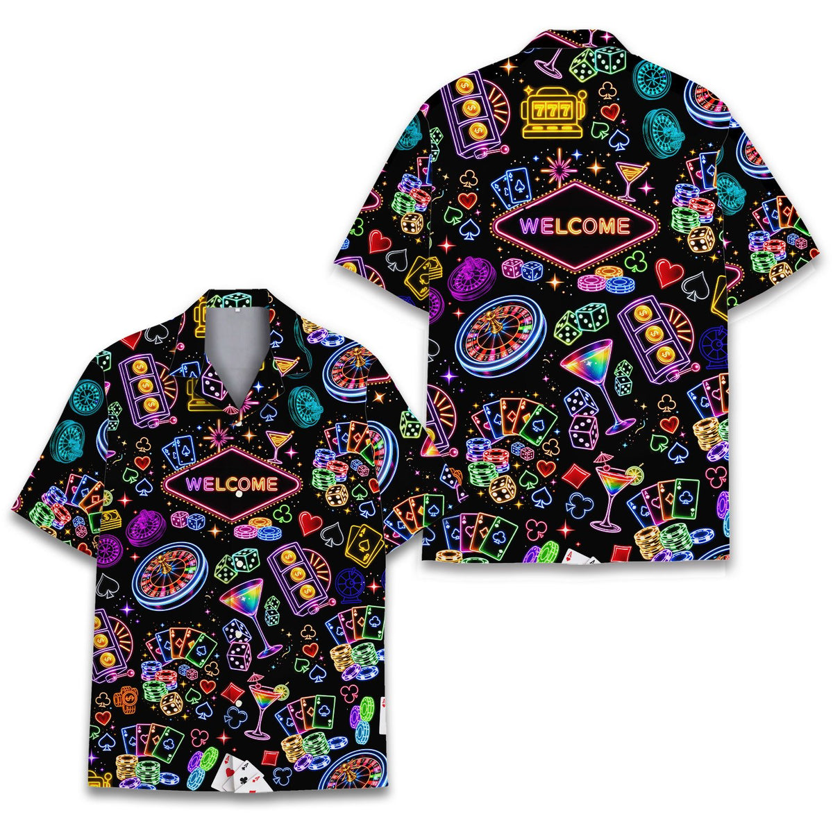 Lifestyle view highlighting the vibrant neon colors on the black hawaiian shirt