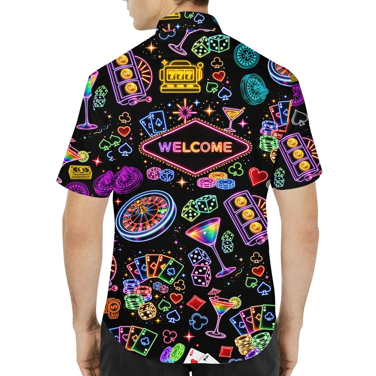 Back lifestyle view of the black neon casino hawaiian shirt