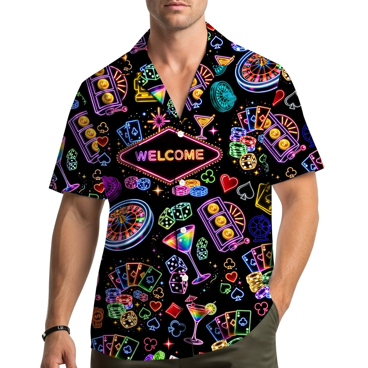 Lifestyle view of a person wearing the black neon casino hawaiian shirt