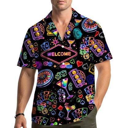 Lifestyle view of a person wearing the black neon casino hawaiian shirt