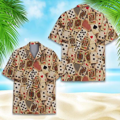 Detailed front view of the vintage playing card print hawaiian shirt