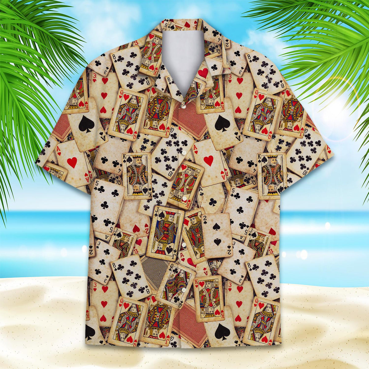 Family matching beige casino hawaiian shirt featuring a vintage playing cards collage, main view