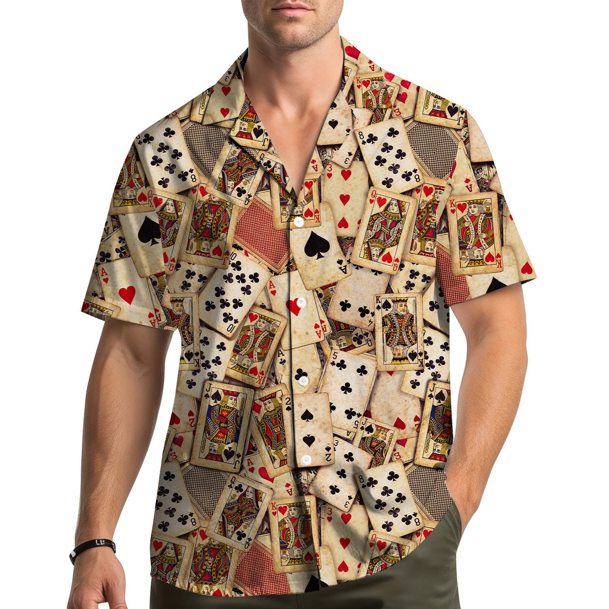 Lifestyle view of a person wearing the vintage playing cards hawaiian shirt