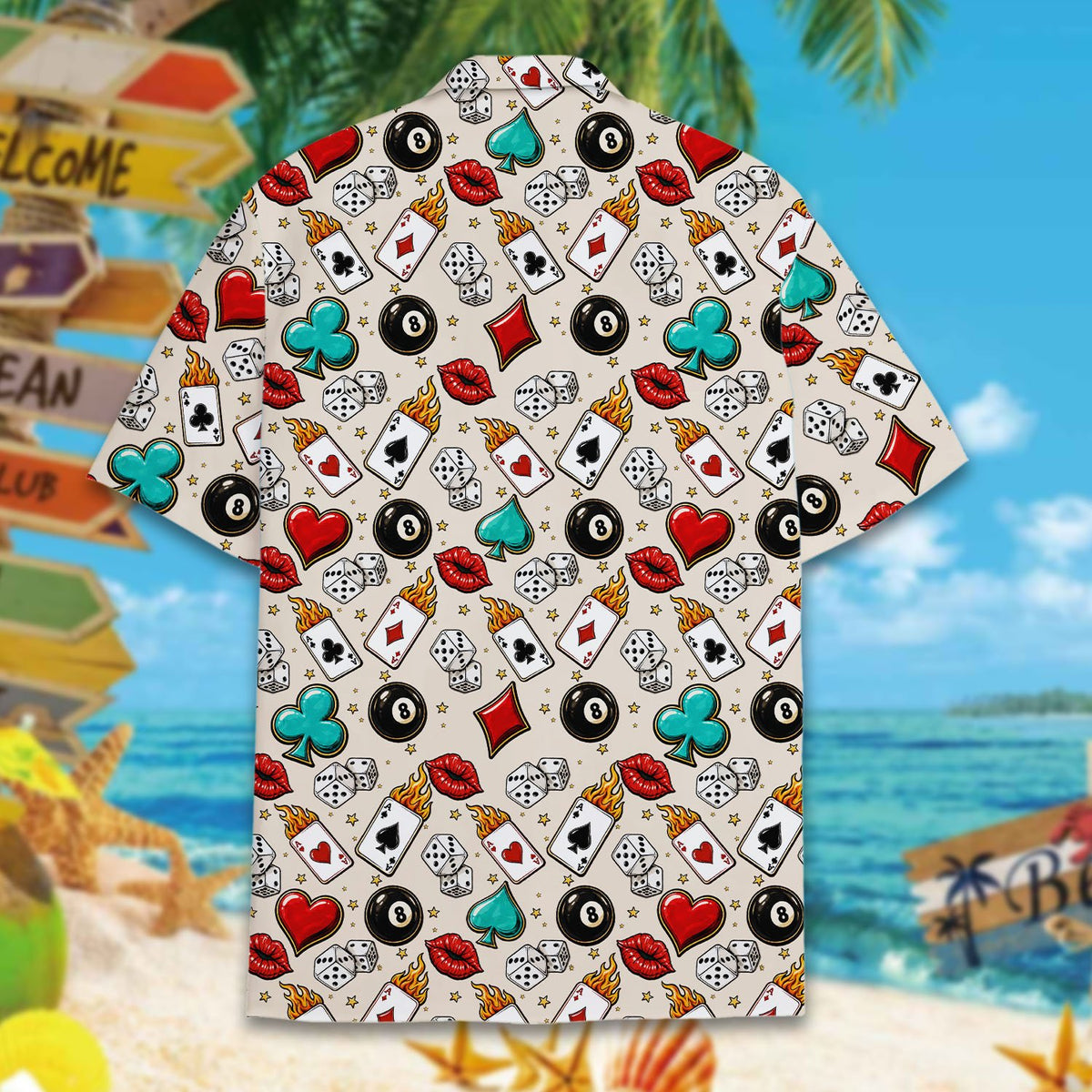 Full back view of the matching family hawaiian shirt with gambling motif