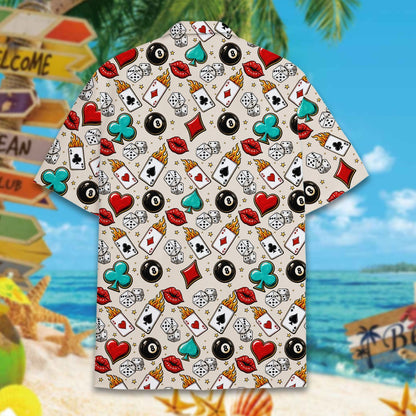 Full back view of the matching family hawaiian shirt with gambling motif
