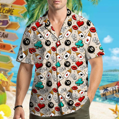 Another front angle of the beige casino hawaiian shirt with 8-balls and card suits