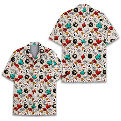 Front view showcasing the collar and button details on the gambling hawaiian shirt