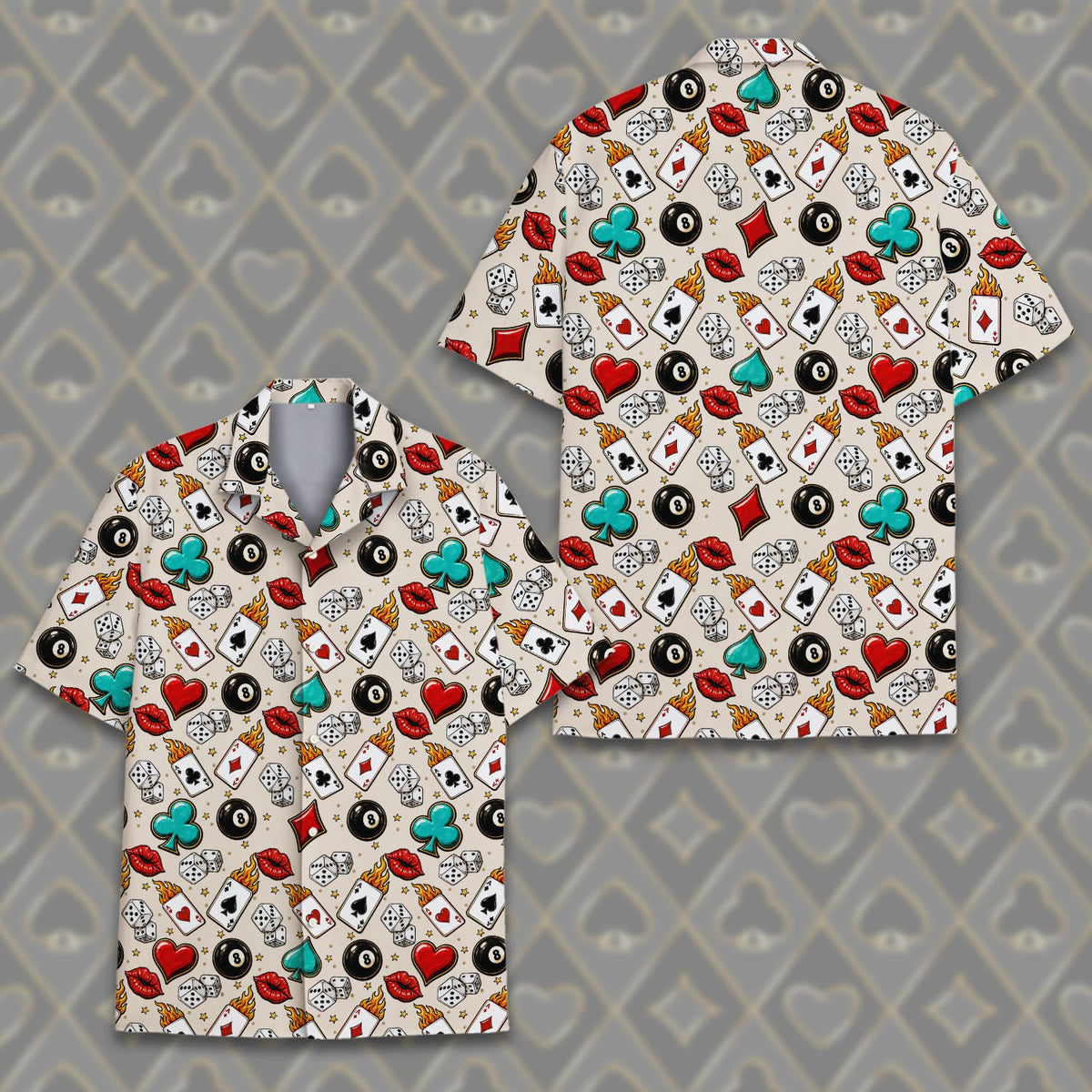 Close up front view highlighting the playing cards on fire design