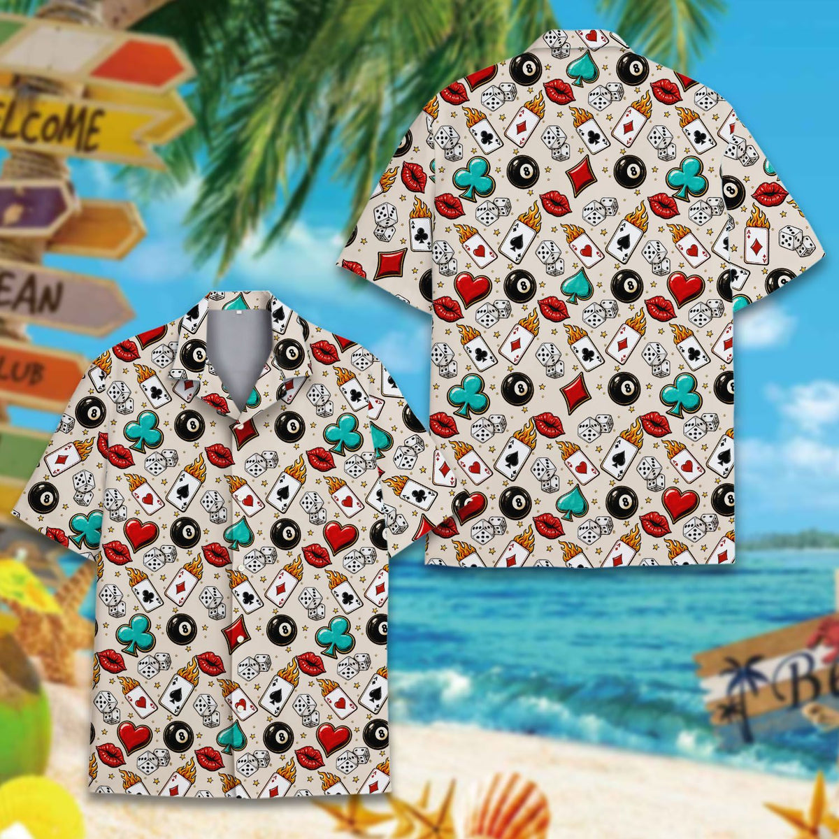 Lifestyle front view of the casino themed hawaiian shirt