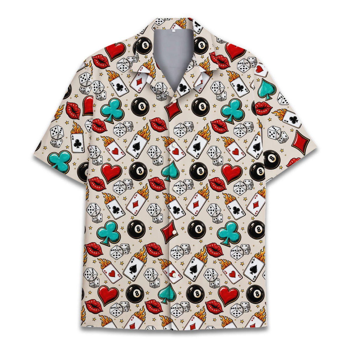 Full front view of the matching family hawaiian shirt in beige
