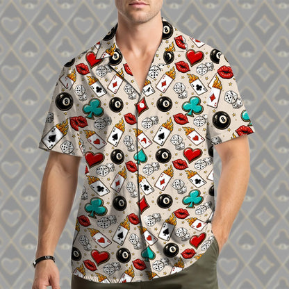 Front view of the casino and gambling motif matching family hawaiian shirt