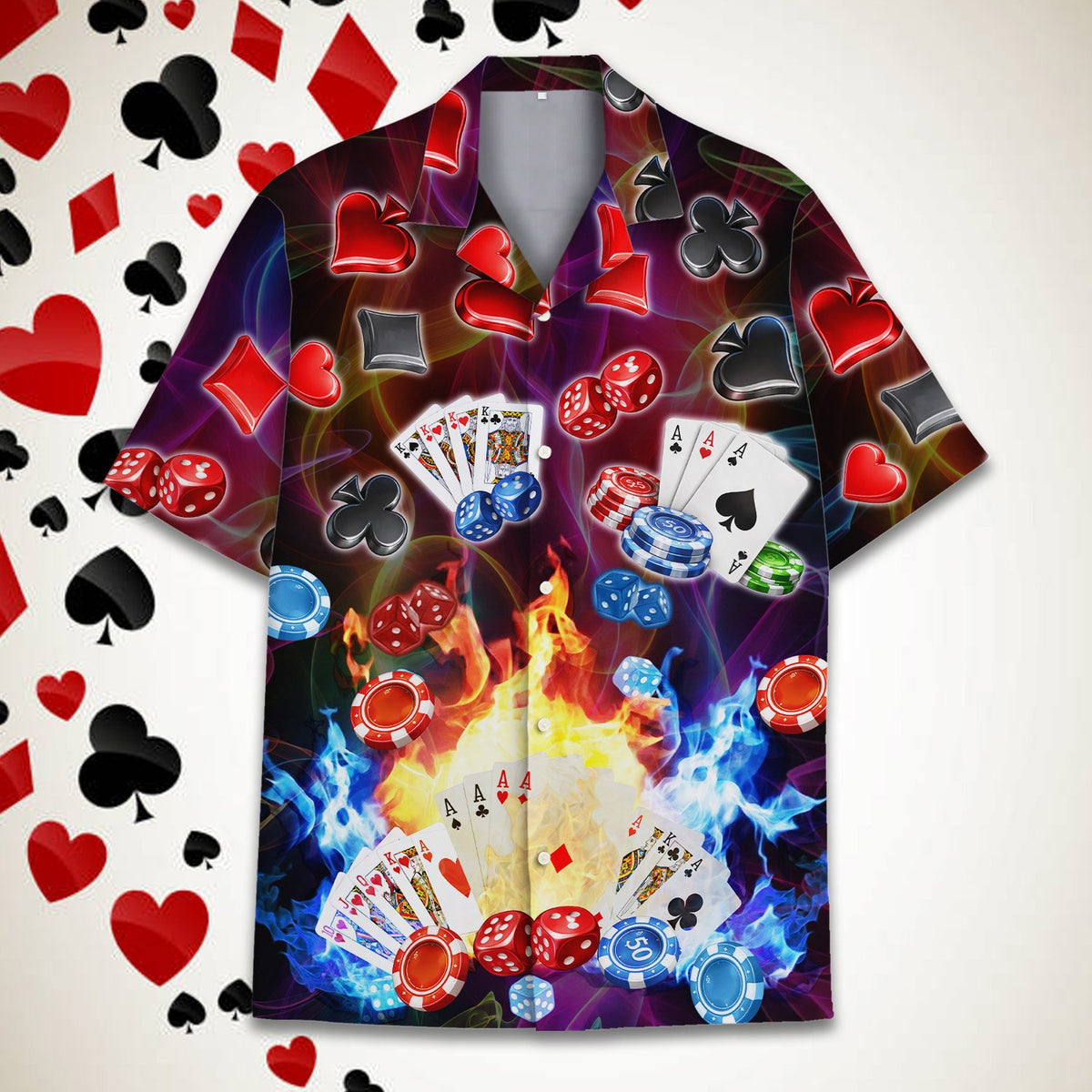 Front view of the multicolor casino hawaiian shirt