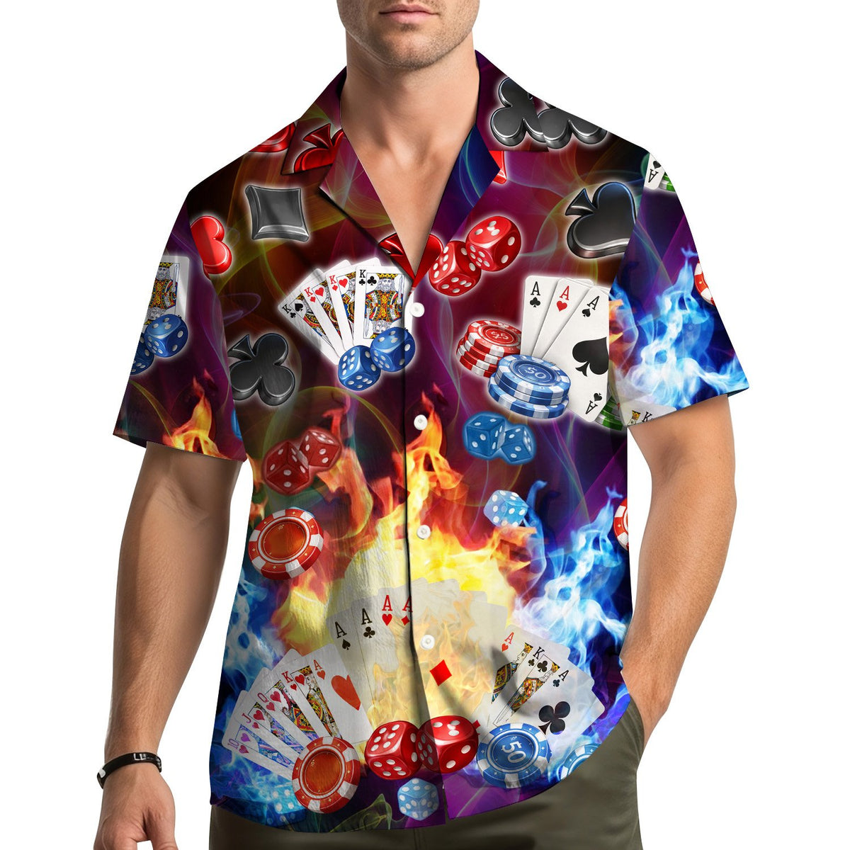 Lifestyle view of an adult wearing the casino hawaiian shirt