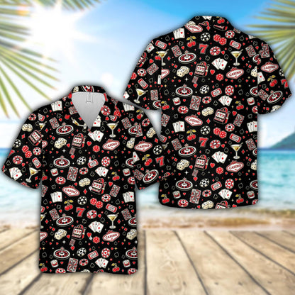 Front view of black casino hawaiian shirt with dice and slot machine graphics