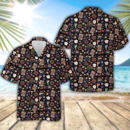 Front view of the matching family hawaiian shirts with casino theme