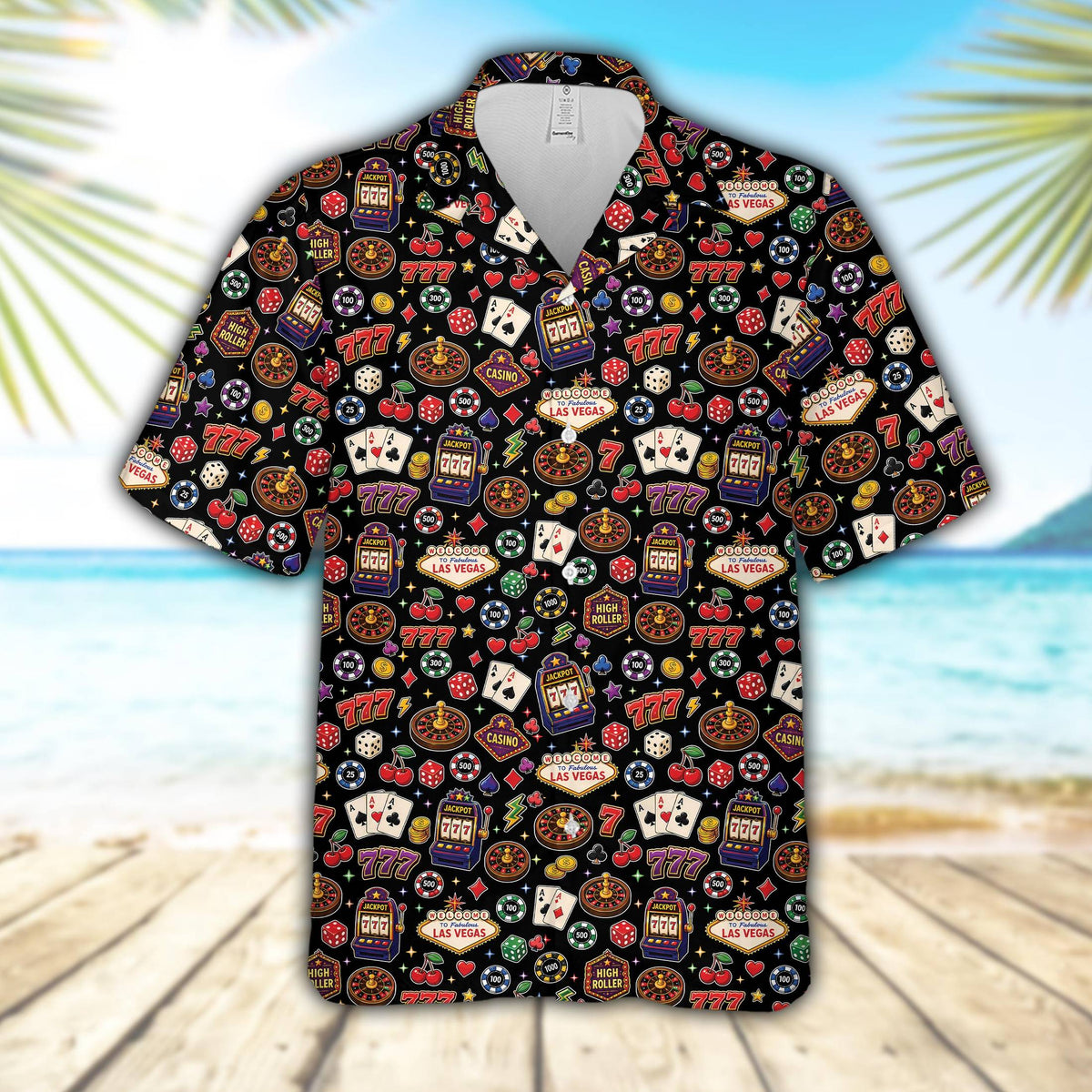 Black casino hawaiian shirt featuring an all-over print of gambling motifs like cards and dice, front view