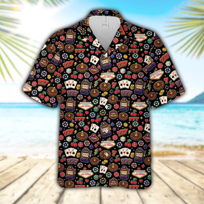 Black casino hawaiian shirt featuring an all-over print of gambling motifs like cards and dice, front view