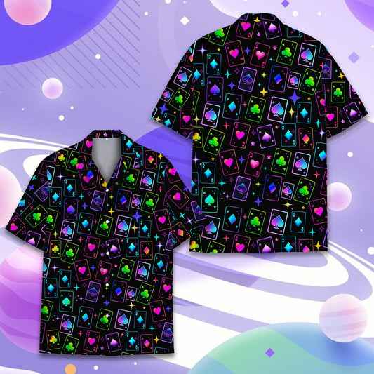 Main view of the neon casino hawaiian shirt on a black background